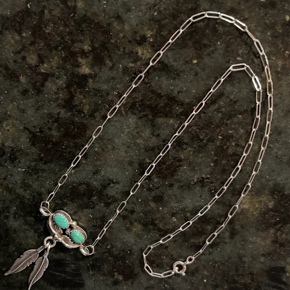 Silver (925)and Turquoise Feather Necklace. Native American.